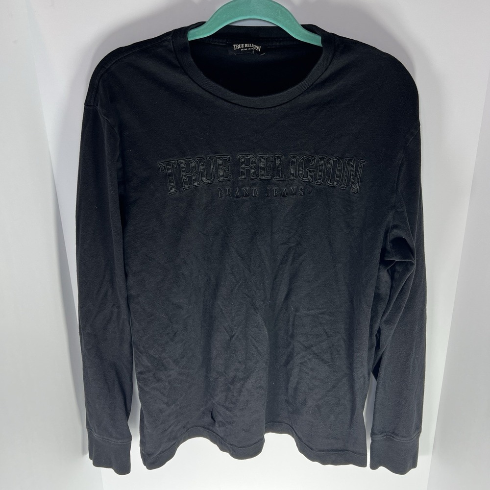 True Religion Men's Black Satin Arch Long Sleeve T-Shirt Size L Embroidered EUC